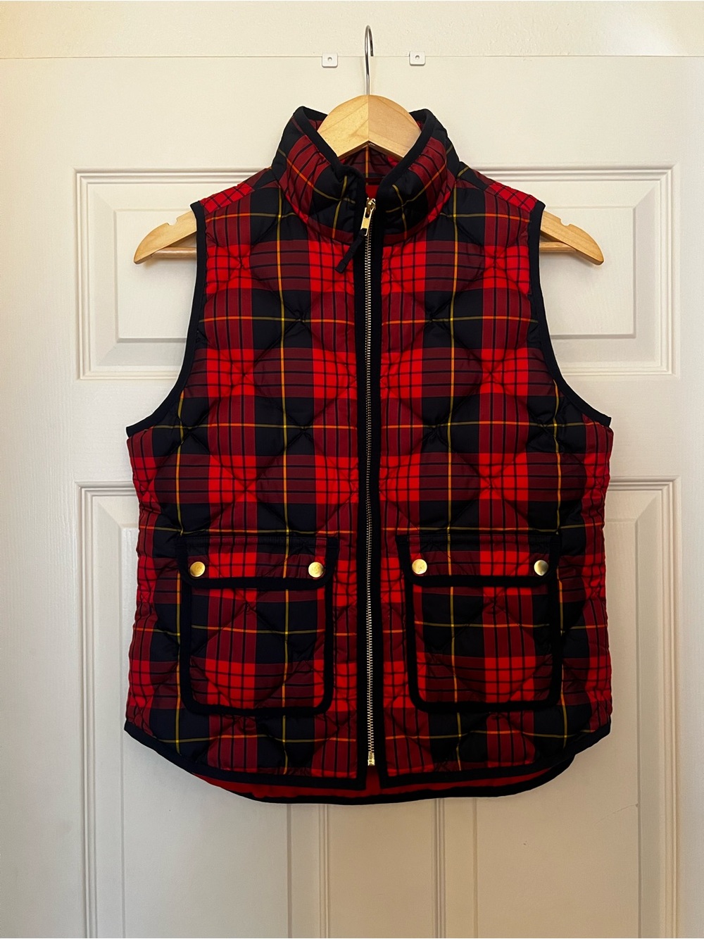 J. Crew Red Plaid Puffer Vest with Gold Snap Details
